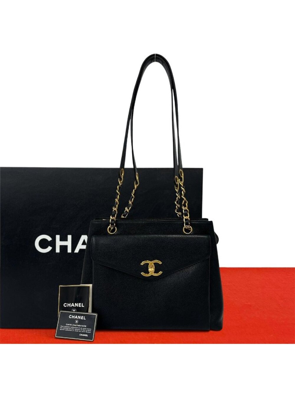Chanel CC Logo Caviar Leather Tote Bag Black